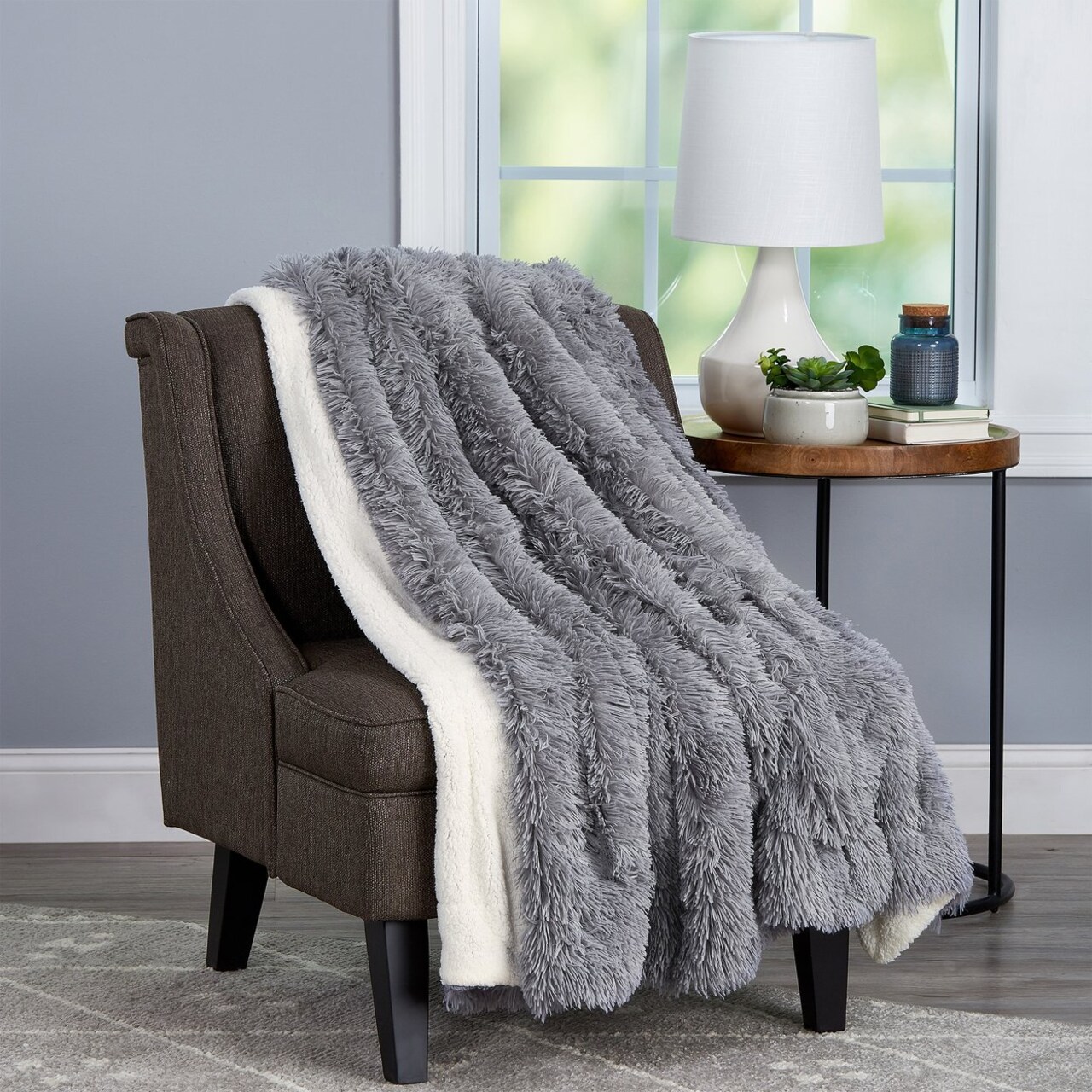 Faux Faux Throw Blanket Gray Xl Soft Sherpa Back Plush 70X60"